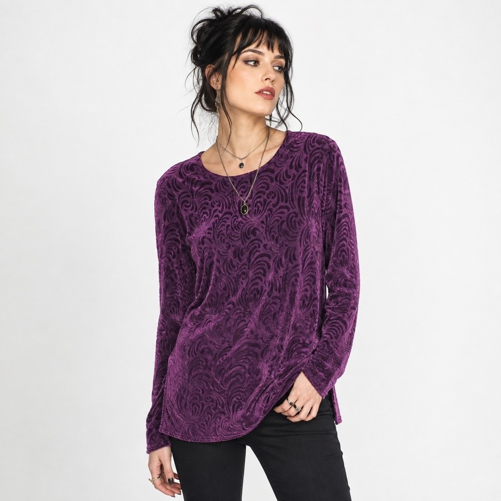Vintage Y2K Purple Velvet Top L Whimsigoth Goth Long Sleeve Stretch Textured